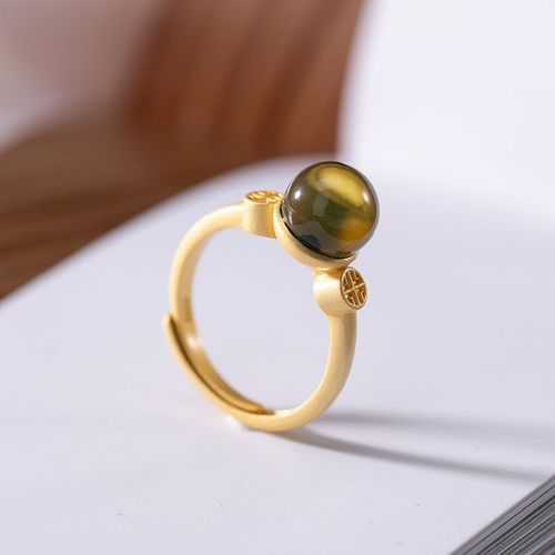 Bague Vintage En Argent Sterling S925 Incrusté Doré, Bague D'ouverture Ajustable Pour Femmes, Ambre Élégant, Design De Bijoux Fins K0176