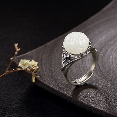 Bague En Argent Sterling S925 En Jade Blanc Naturel Hétian, Fleur De Lotus, Ajustable, Classique Pour Femmes, Vente En Gros, K0193