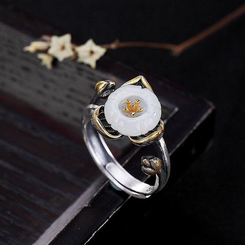Bague En Argent Sterling S925 Rétro Avec Néphrite Naturelle, Jade Blanc Incrusté De Fleur De Lotus, Bagues Simples Pour Femmes, K0129, Nouvelle Collection