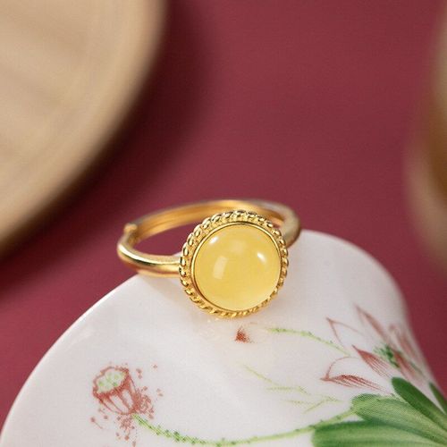 Bague Ouverte En Argent Sterling S925 Pour Femme, Bijou Fin, Plaqué Or, Incrusté De Cire D'abeille Naturelle, Ambre, Tempérament, K0000