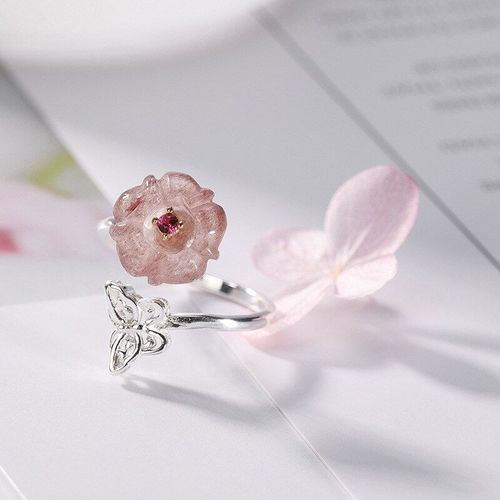 Bagues En Argent Sterling S925 Incrustées De Fraises Naturelles, Cristal Rose, Fleurs Papillon, Pour Femmes, Ouverture Ajustable, Vente En Gros, K0191, Nouveau