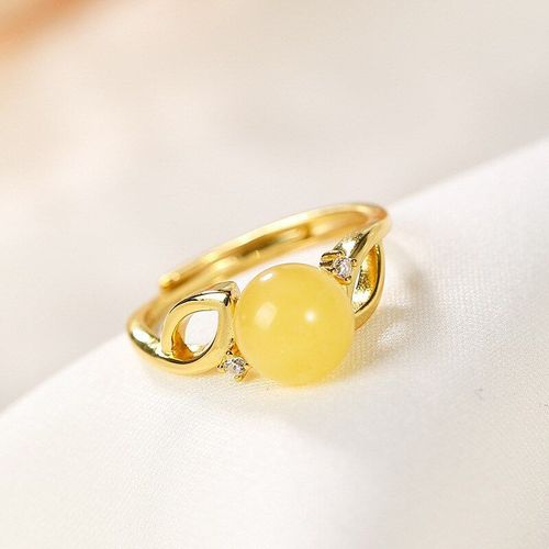 Bague Fine En Argent Plaqué Or 925 Pour Femmes, Bague Ouverte, Incrustée De Cire D'abeille Naturelle Ambre, Tempérament, Personnalité Féminine, K0087
