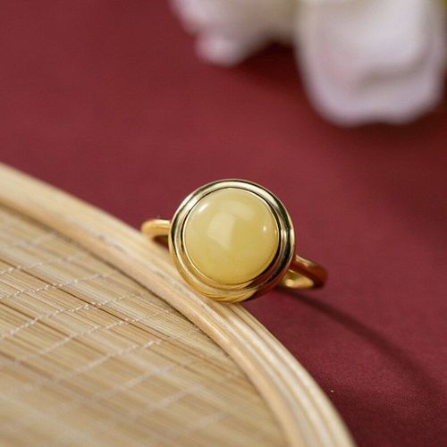 Bagues En Argent Sterling S925 Pour Femmes, Plaqué Or, Incrusté De Cire D'abeille Naturelle Ambre, Perles Rondes Pour Dames De Tempérament Simple, Anneau Ouvert K0003