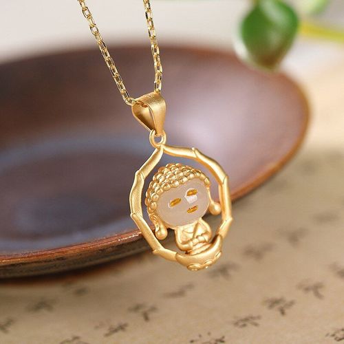 Collier En Argent Sterling S925 Plaqué Or Hetian, Pendentif Traditionnel En Jade Blanc Pour Femmes, Bébé Bouddha, Bijoux Fins H0018