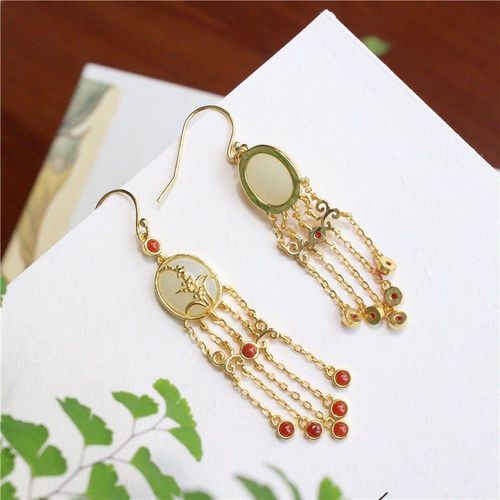 Boucles D'oreilles En Jade Naturel Hetian Pour Femmes, Bijoux Ovales, En Or Mat, Longs Pompons, Style Chinois Rétro, Nouvelle Collection