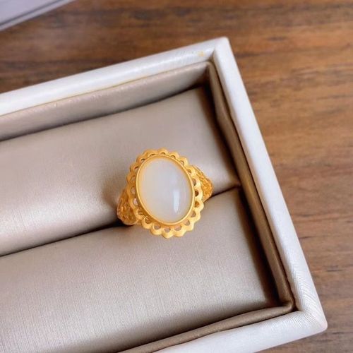 Bague En Argent Incrustée D'¿Uf De Jade Blanc Naturel Hetian, Surface Réglable, Style Palais Rétro, Bijoux De Marque Exquis Pour Femmes