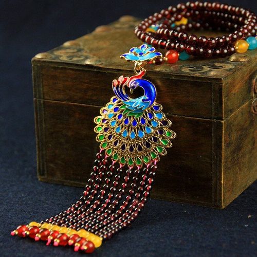Collier En Pierre Rouge Naturelle Calcédoine Grenat Pour Femmes, Pendentif Porte-Bonheur En Jade, Collier En Fleur De Paon, Cloisonné Artisanal