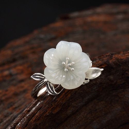 Bague En Argent S925, Mosaïque Antique En Argent Pur Tian Yu, Fleur De Prunier En Jade Blanc, Ouverte En Gros, Haut De Gamme