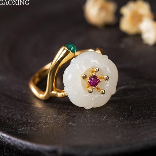 Bagues De Luxe En Argent Sterling 925 Plaqué Or Pour Femmes, Bague Ouverte En Jade Et Fleur De Prunier, Bijoux Fins Réglables, Élégants, R791