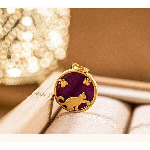 Collier En Argent Sterling 925 Plaqué Or, Pendentif En Mica Violet Naturel, Sans Chaîne, Dessin Animé, Chat, Dame, Tempérament