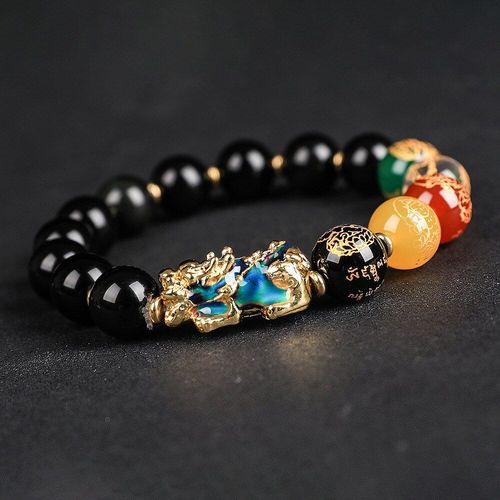 Bracelet En Obsidienne Naturelle, Cinq Éléments, Transfert De Perles, Couleur Changeante, Bijoux De Couple