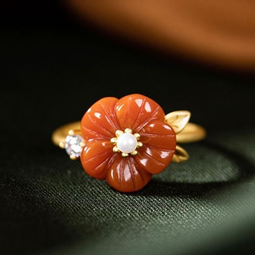 Bague D'ouverture En Argent Sterling S925, Original, Vintage, Fleur De Prunier, Agate Rouge Du Sud Naturelle