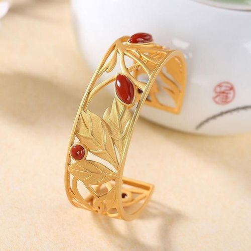 Bracelet En Jade Naturel Hetian En Argent Sterling S925, Agate Rouge Du Sud, Feuilles Vintage, Style Chinois Ancien, Classique, Femme, Bout Ouvert