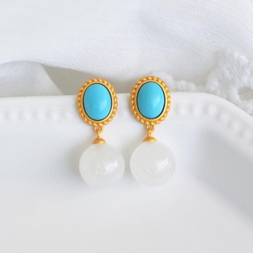Boucles D'oreilles En Jade Blanc Hetian, Bijoux Simples, Pendentif En Or Plaqué Argent Sterling 925, Turquoise, Pin Bleu, Minerai Brut Naturel