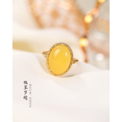 Bague En Ambre Naturel Tempérament Sauvage Pour Femmes, Anneau Ouvert En Argent Sterling S925, Plaqué Or