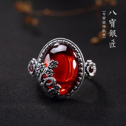 Bague Vintage En Argent Sterling S925, Grenade Rouge, Pierre De Canari, Fleur De Prunier, Haut De Gamme, Assortie Avec Tout, Nouvelle Collection
