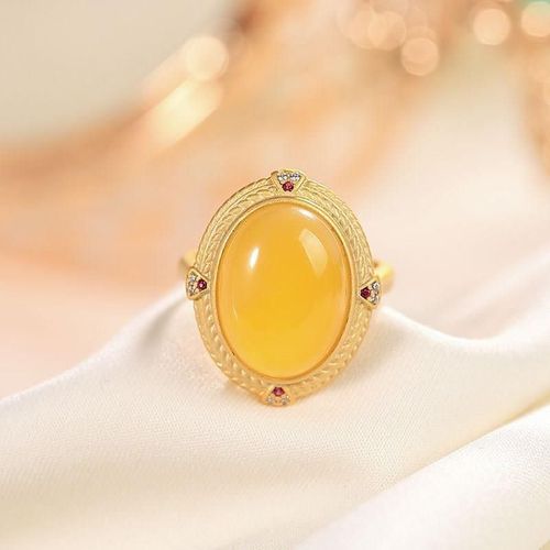 Bague En Cire D'abeille Ambre Naturelle Turquoise Style Chinois, Argent Plaqué Or, Personnalité Rétro Ruyi, Anneau Ouvert Femme