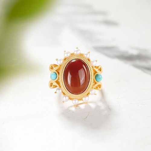 Bagues En Argent Sterling S925 Incrustées D'agate Rouge Du Sud, Perle Ovale Naturelle Turquoise Style Chinois Pour Femmes,