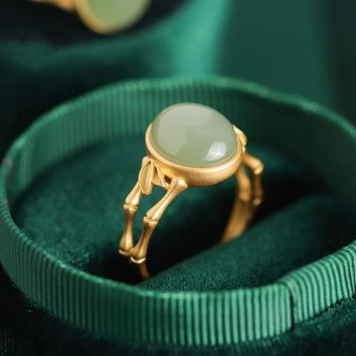 Bague Ovale En Bambou Pour Femmes, Anneau Élégant En Argent Sterling 925 Avec Dorure Hetian Jade Gris