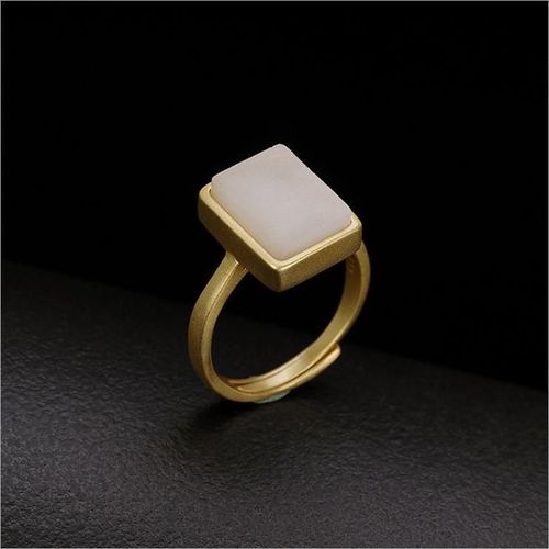 Bague Rectangulaire En Jade Pour Femmes, Anneau Ouvert En Argent Sterling S925, En Jade Blanc Doré, Anneau Géométrique En Jade Naturel