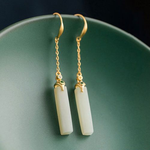 Boucles D'oreilles En Jade Naturel Hetian S925, Longues Boucles D'oreilles En Jaspe En Argent Sterling, Ornement De Crochet D'oreille De Cour Pour Femmes