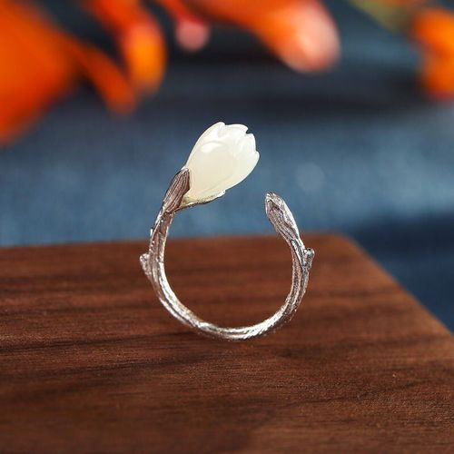 Bague En Argent Sterling S925 Incrustée De Jade Hétian Naturel, Plaqué Or Blanc, Magnolia De Tempérament Frais Et Raffiné Pour Femme
