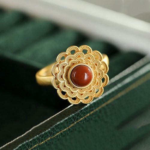 Bague En Argent Sterling S925 En Agate Rouge Du Sud, Anneau Ajouré À Fleurs En Or, Ornement Pour Femmes