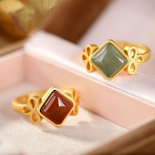 N¿Ud Géométrique En Argent Sterling S925, Agate Rouge Naturelle Du Sud, Jade Gris, N¿Ud Personnalisé Rétro Simple Avec Ouverture Pour Doigt De Bague Pour Femmes
