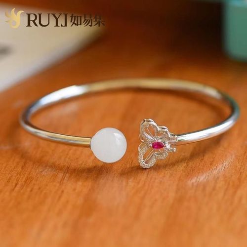 Bracelet En Argent Sterling Pour Femme, Jeune, Fin, Jade Hétian Naturel, Bracelet Ouvert, Papillon, Antique, Rétro