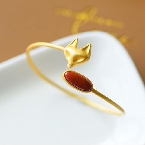 Bracelet En Argent Sterling S925 Pour Femme, Ancien Bijou Artisanal En Forme De Renard, Agate Rouge Du Sud, Fin, À Extrémité Ouverte, À La Mode