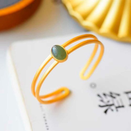 Bracelet En Jade Gris Hétian Naturel, Rond Et Élégant, En Argent Sterling Plaqué Or De Haute Qualité, À Ouverture Simple, Antique Pour Femmes