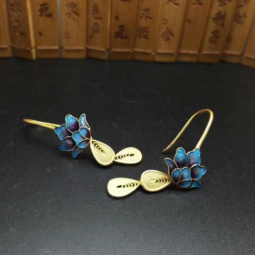 Boucles D'oreilles À Pompon Doré S925, Accessoires En Argent Brûlé Bleu Cloisonné Tia-Tsui Cheongsam Accessoires Cloisonné Classique Pour Femmes