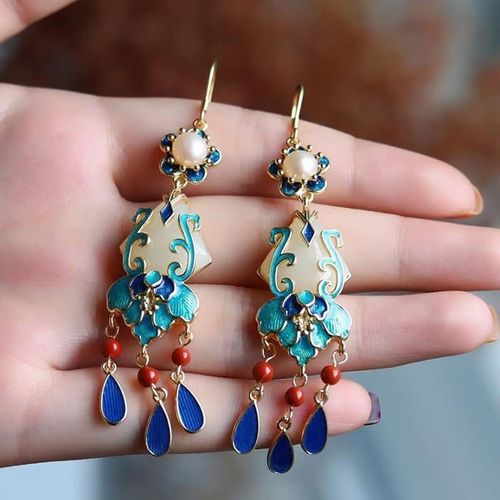 Boucles D'oreilles À Pampilles Antiques En Argent Sterling Pour Femme, Bijoux En Jade Hetian, Classiques, Lotus Bleu Brûlé