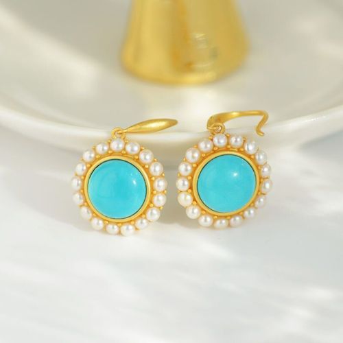 Boucles D'oreilles Princesse En Argent Sterling S925, Turquoise, Pin Bleu, Minéral Brut Naturel, Perle Ronde Ancienne