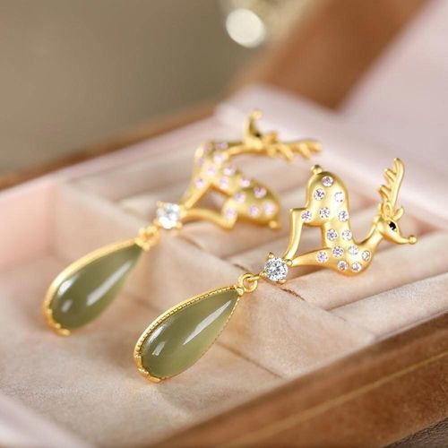 Boucles D'oreilles En Argent Sterling S925, Incrustées De Jade Naturel Hetian, Gris, Cerf Sika, Goutte D'eau, Mode, Personnalité Féminine, Jade Hetian E