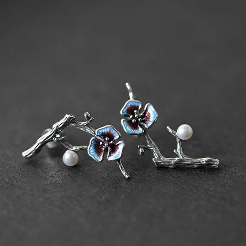 Boucles D'oreilles Cloisonnées En Argent Sterling 925 Pour Femmes, Vintage, Mode Chinoise, Bleu Brûlé, Fleur De Prunier, Perle, Branche De Grâce