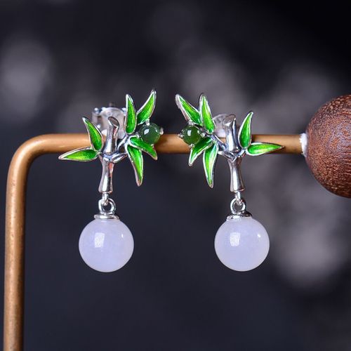 Boucles D'oreilles Longues En Argent Sterling S925 En Feuille De Bambou, Jade Naturel Hetian, Élégantes, Rétro, Uniques, Boucles D'oreilles Pour Femmes
