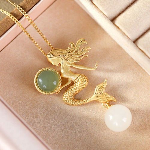 Collier Sirène En Jade Hetian Plaqué Or, Argent Sterling S925, Perle De Mer Ancienne, Ornement De Personnalité Gracieuse Pour Femmes