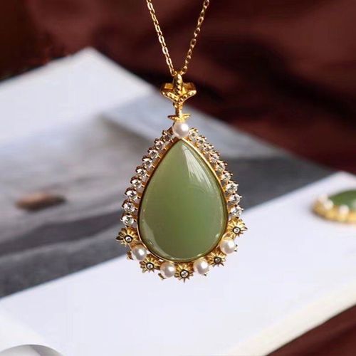 Pendentif Goutte D'eau En Jade Naturel Hetian Gris, Collier Vintage De Luxe Style Palais, Accessoires Pour Femmes