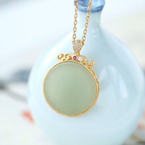 Pendentif Porte-Bonheur Rond En Argent Sterling S925, Plaqué Or Gris Hetian Jade, Simple Style Rétro Tempérament Femme, Bijoux Pour