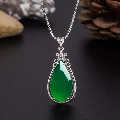 Collier En Jade Vert Naturel Avec Pendentif Goutte D'eau, Calcédoine, En Argent 925, Breloque Chinoise Sculptée, Bijoux Amulette À La Mode, Cadeaux Pour Femmes