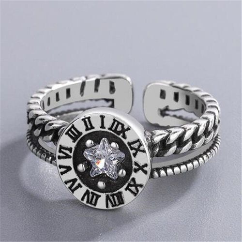 Bague En Cristal Noir Et Blanc Pour Hommes Et Femmes, Design De Style Rétro, Chiffres Romains, Étoile, Chaîne Ouverte, Métal, Couleur Argent, Bijoux