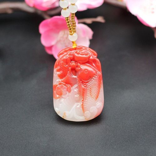 Collier Pendentif Carpe Jade Rouge Blanc Naturel, Perle Chinoise Sculptée À La Main, Bijoux Amulette À La Mode, Cadeaux Porte-Bonheur Pour Hommes Et Femmes