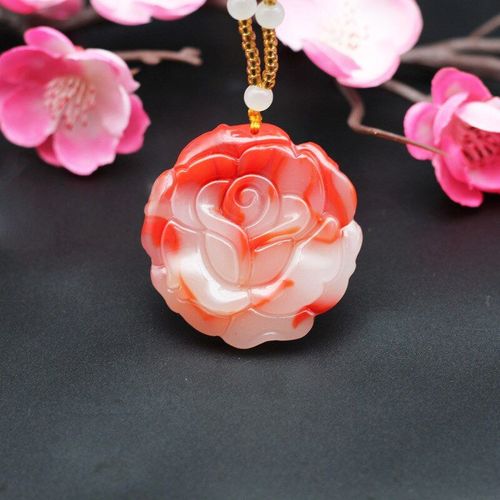 Collier Pendentif Fleur De Jade Rose Rouge Blanc Naturel, Perle, Breloque Chinoise Sculptée À La Main, Bijoux, Accessoires, Amulette À La Mode, Cadeau Pour Femmes