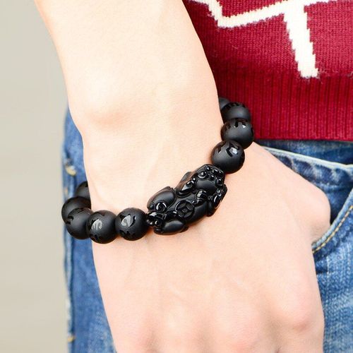 Bracelet En Perles D'obsidienne Noire Naturelle, Bijou À Breloque Chinoise Sculptée À La Main, Accessoires Amulette À La Mode, Cadeaux Pour Hommes Et Femmes