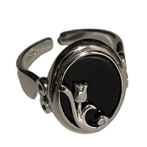 Bagues Vintage En Résine Noire Pour Femmes, Accessoires De Bijoux De Fête, Couleur Argent, Tendance