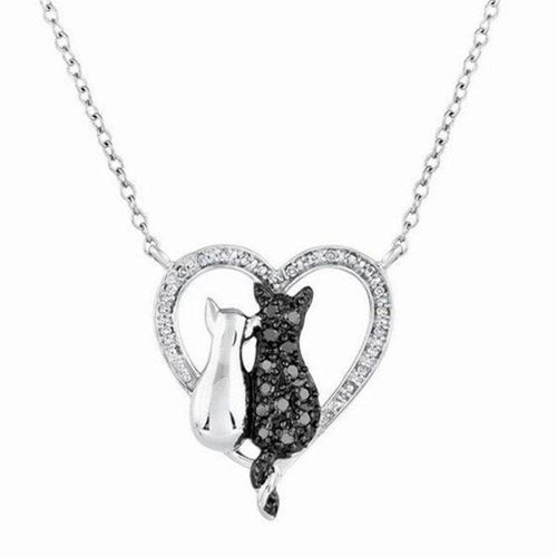 Collier Créatif En Cristal Pour Couple, Pendentif En Forme De Petit Chat, C¿Ur, Clavicule, Chaîne, Bijoux Cadeau Pour Amis, Noir Et Blanc