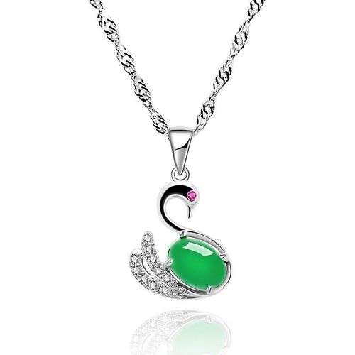 Pendentif Cygne Sculpté À La Main En Calcédoine Verte Naturelle, Bijoux Boutique De Mode, Accessoires De Collier En Agate Incrustée D'argent 925 Pour Femmes