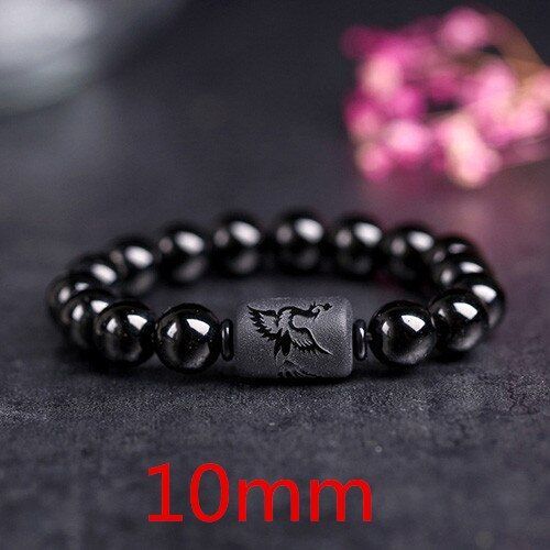 Bracelet D'amulette En Obsidienne Naturelle Pour Hommes Et Femmes, Perles Rondes Porte-Bonheur, Dragon, Phénix, Cadeaux, Livraison Directe