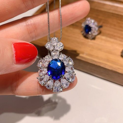 Ensemble De Bijoux Vintage En Argent Sterling 925 Et Saphir, Pierres Précieuses De Luxe À Haute Teneur En Carbone, Bague, Boucles D'oreilles, Collier Pendentif Pour Femmes